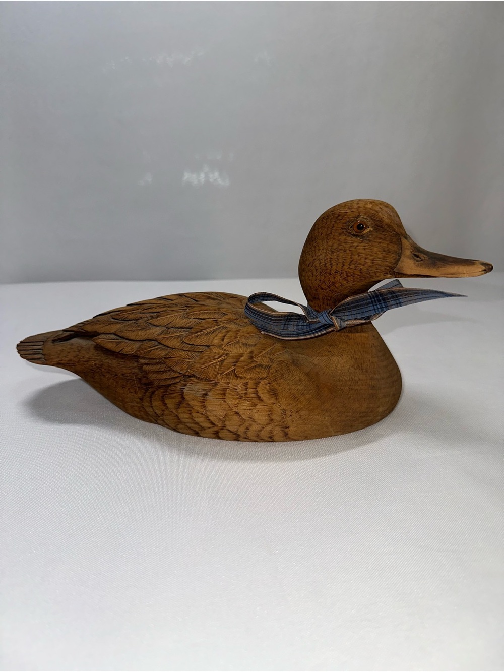 Vintage 1985 Hand Carved Wood Duck Decoy Signed FW Glass Eyes 12.5"